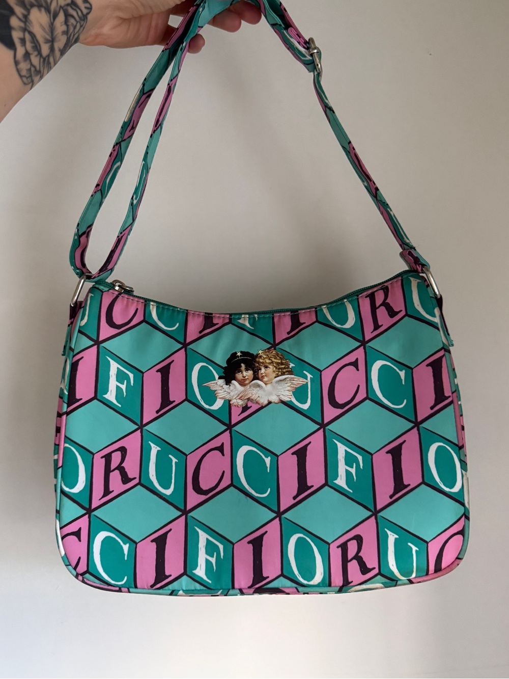 Fiorucci Y2K Angel Shoulder Bag Teal Pink Logo Print